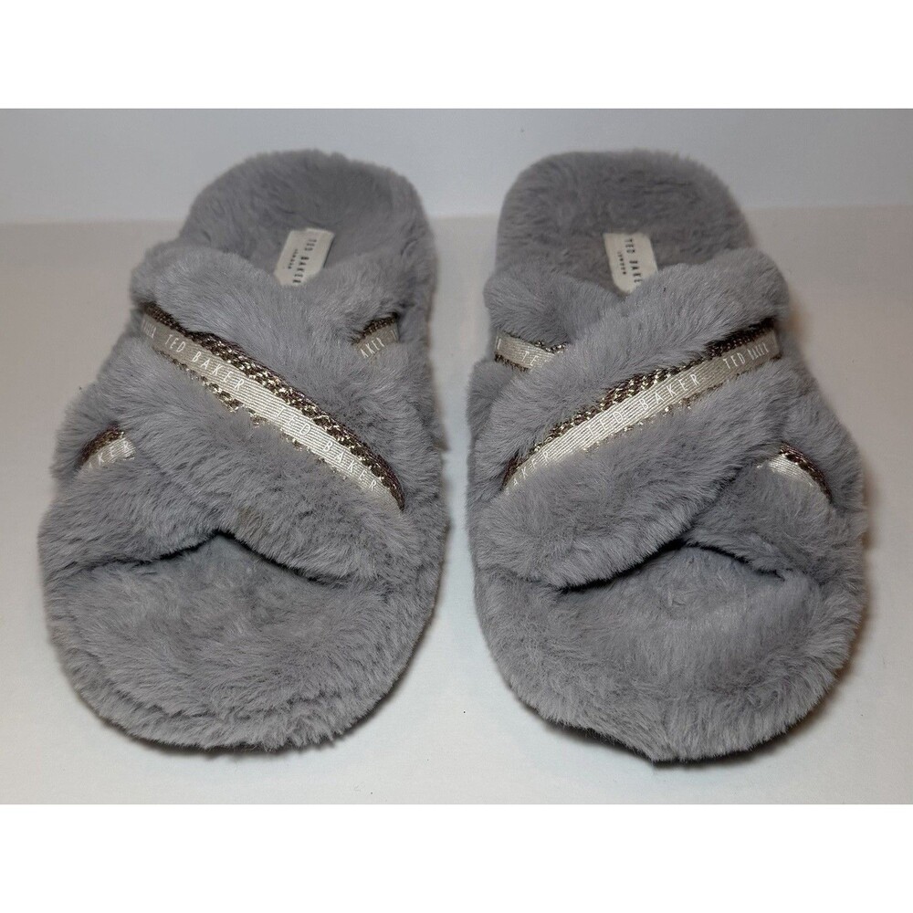 Ted Baker Topply Gray Faux Fur Cross Strap Slippers Gold Trim Women’s Sz 9 Est